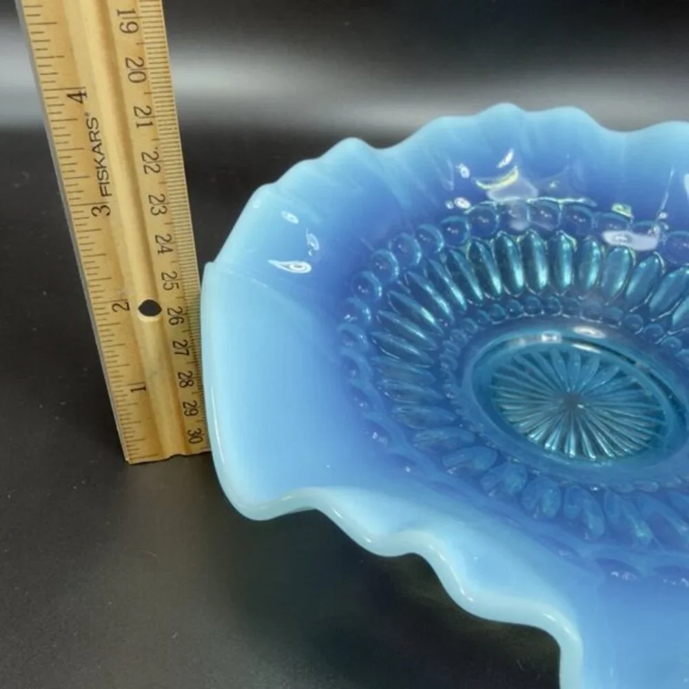 Vintage Opalescent Aqua Blue Scalloped‎ Edge Depression Glass Dish Bowl 8inch